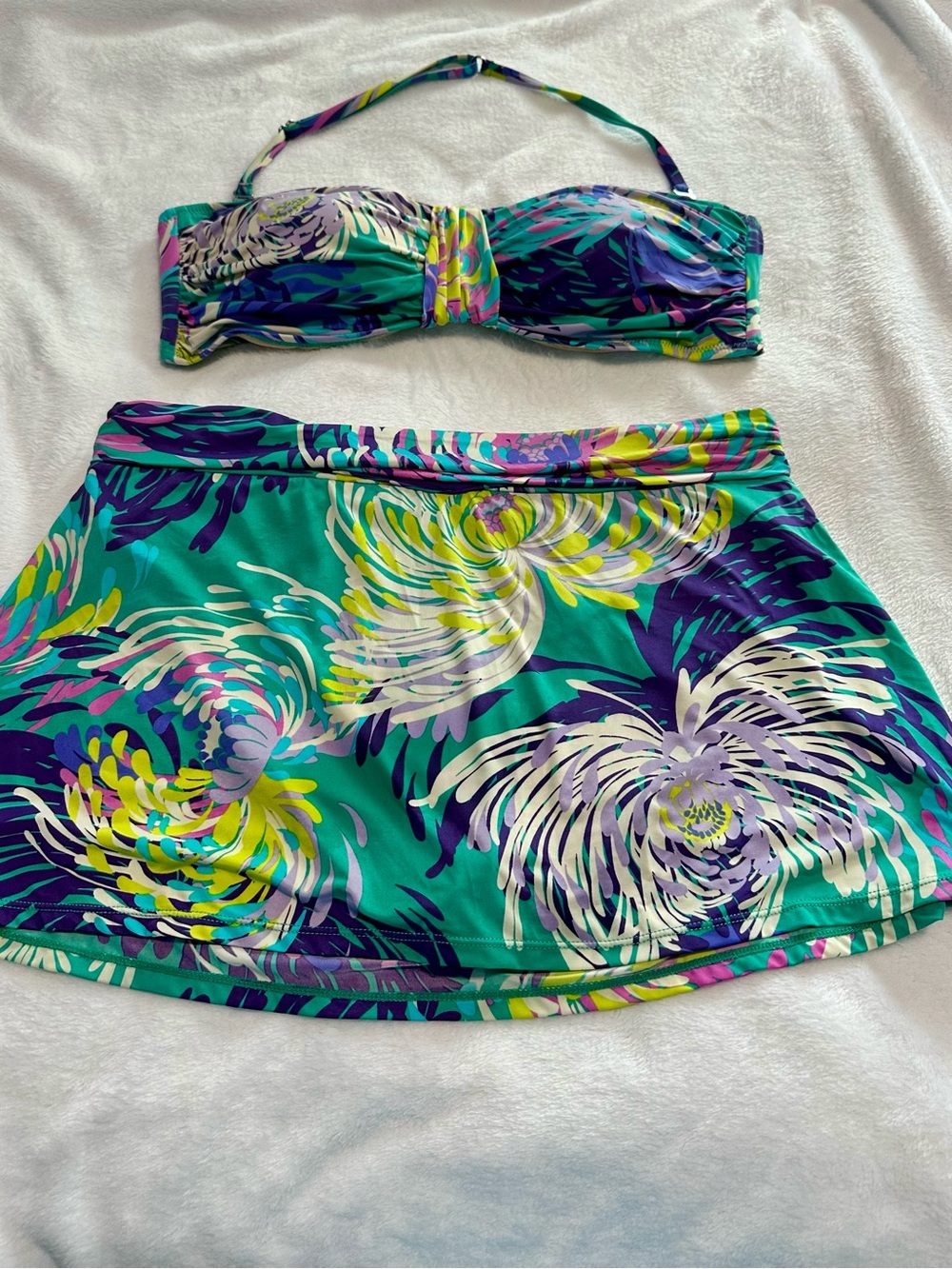 Garnet Hill Teal Floral Bandeau Bikini with Skirt